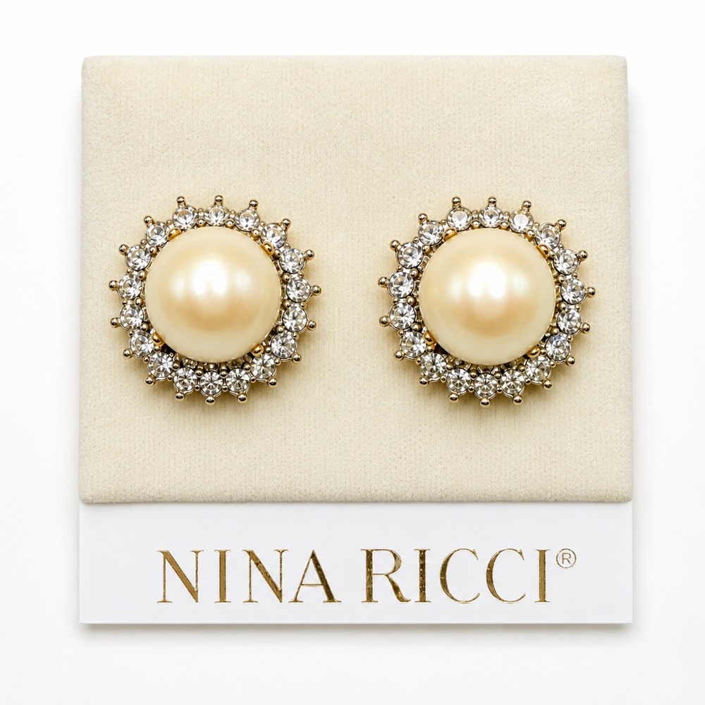 Nina Ricci Cream Pearl & Crystal Halo Stud Earrings 1 in